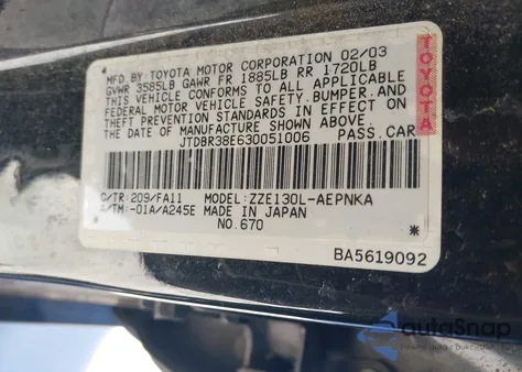 2003 Toyota Corolla Le z USA, uszkodzony, nr VIN JTDBR38E630051006